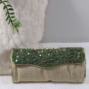 Adrienne Vittadini Tan Clutch With Green Beads